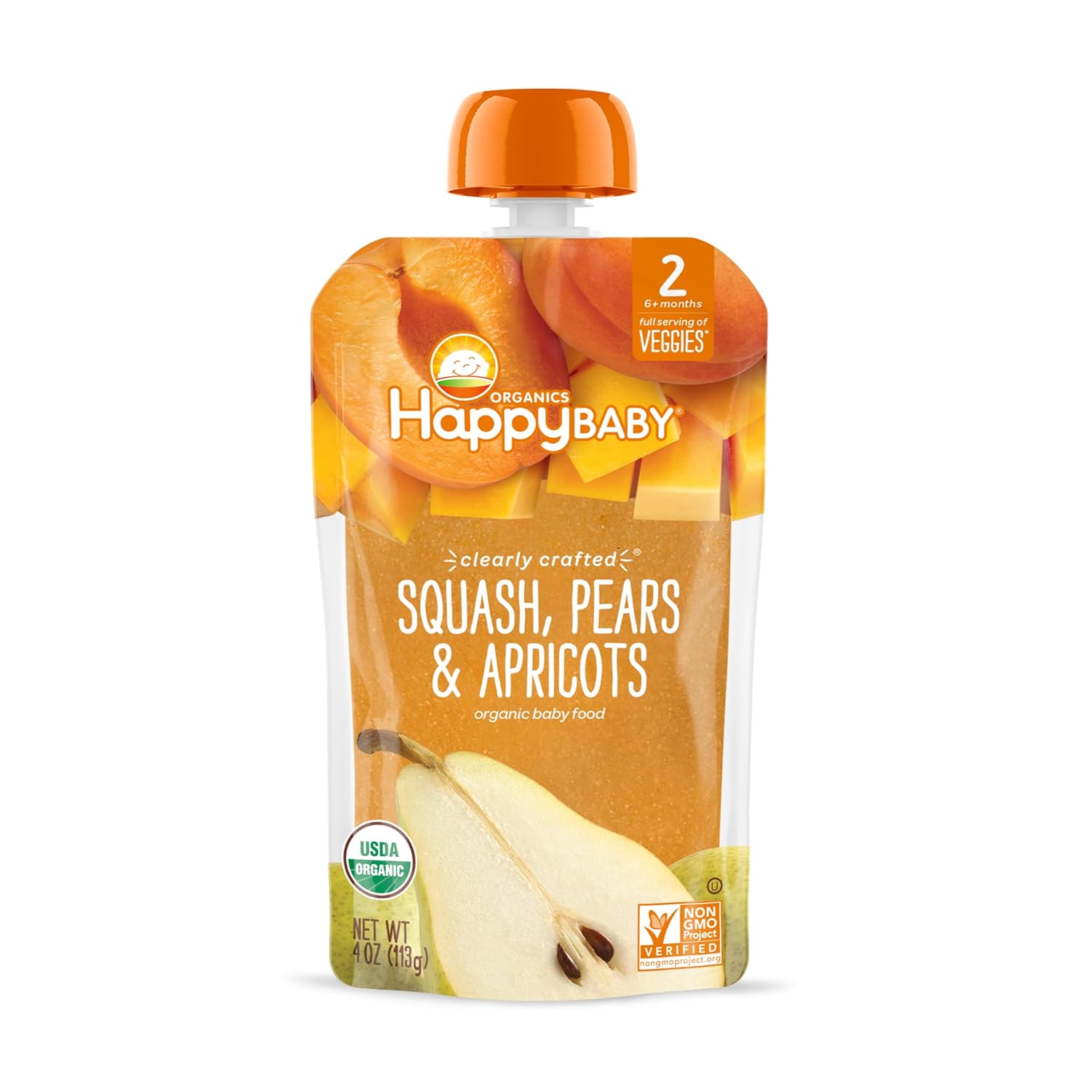 Happy Baby Organics Stage 2 Baby Food Pouches, Gluten Free, Vegan & Healthy Snack, Clearly Crafted Fruit Puree, Squash, Pears & Apricots, 4 Ounces (Pack of 16) : Everything Else