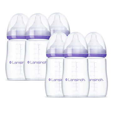 Lansinoh Anti-Colic Baby Bottles For Breastfeeding Babies, 8 Ounces, 6 Count, Includes 6 Medium Flow Nipples, Size M