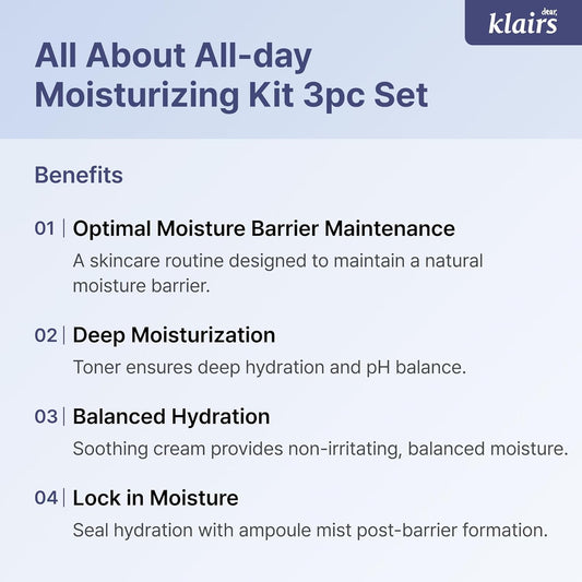 Klairs All Day Moisturizing Kit, 3Pc, Toner, Cream, Mist