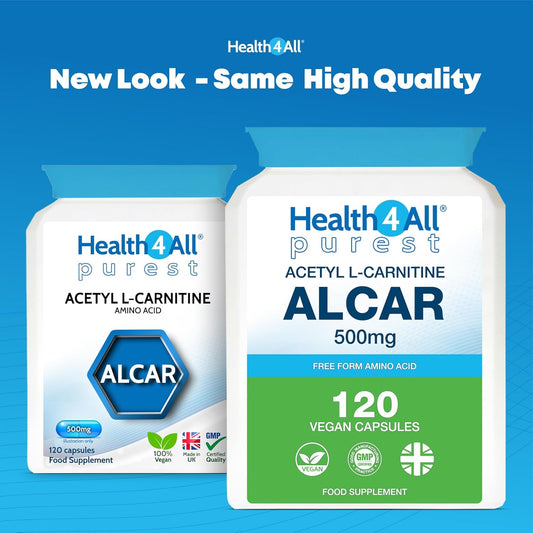 Health4All Acetyl L-Carnitine 500Mg 120 Capsules, Purest High Strength Alcar Amino Acid With No D-Carnitine, Vegan, Gluten-Free, Gmo-Free Acetyl-L-Carnitine Supplement | Made In Uk