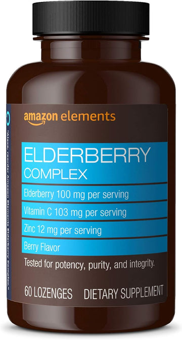 Amazon Elements Elderberry Complex, Immune System Support Tablet, Berry Flavored Lozenges, Adult, Unisex, 60 Count, Elderberry 100Mg, Vitamin C 103Mg, Zinc 12Mg Per Serving (Packaging May Vary)