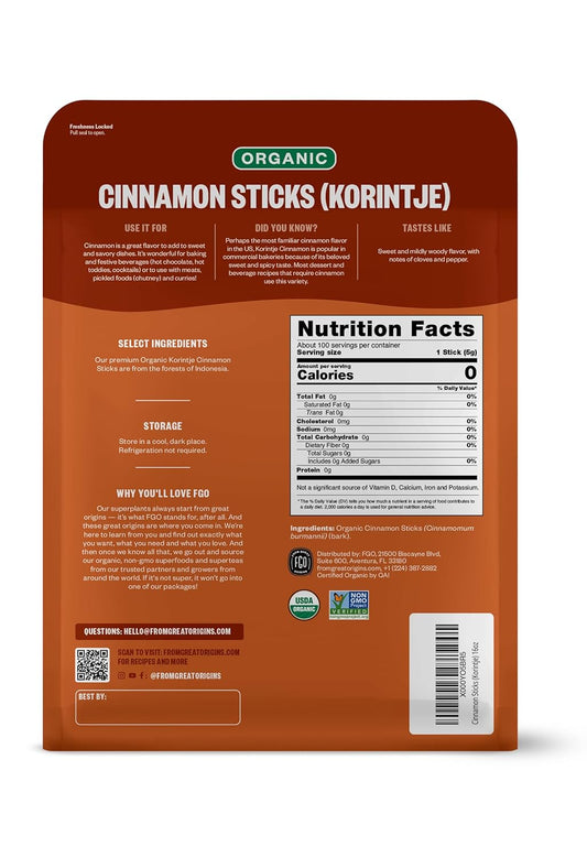 Fgo Organic Cinnamon Sticks (Korintje), From Indonesia, 100+ Sticks, 2 3/4" Length, 16 Oz, Packaging May Vary (Pack Of 1)