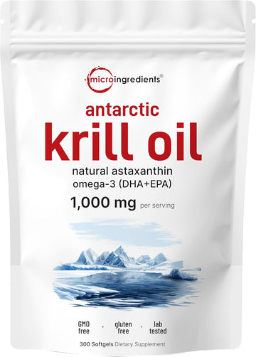 Micro Ingredients Antarctic Krill Oil Supplement With Natural Astaxanthin, 1000Mg Per Serving, 300 Soft-Gels, Rich In Omega-3S Epa & Dha, Supports Immune System & Brain Health, Easy To Swallow