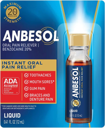 Anbesol Maximum Strength Liquid, Instant Oral Pain Relief For Toothaches, Mouth Sores*, Gum, Braces & Denture Pain, Ada Accepted, 0.41 Oz
