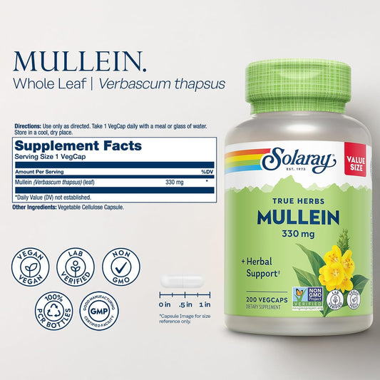 Solaray Mullein Leaf 330 Mg - Soothing Herbal Support - Mullein Capsules Traditionally Used To Support Health And Wellness - Vegan, Non-Gmo, Lab Verified, 60-Day Guarantee, 200 Servings, 200 Vegcaps