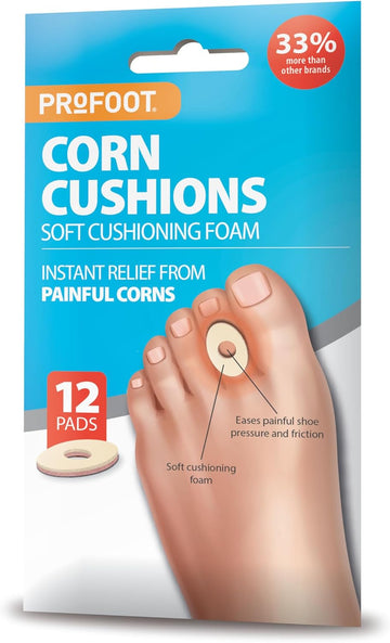 Profoot Corn Cushions - 12 Cushioning Pads - Instant Relief From Painful Corns - Super Soft Cushioning Foam Pads For Pressure Relief - Self Adhesive Pads