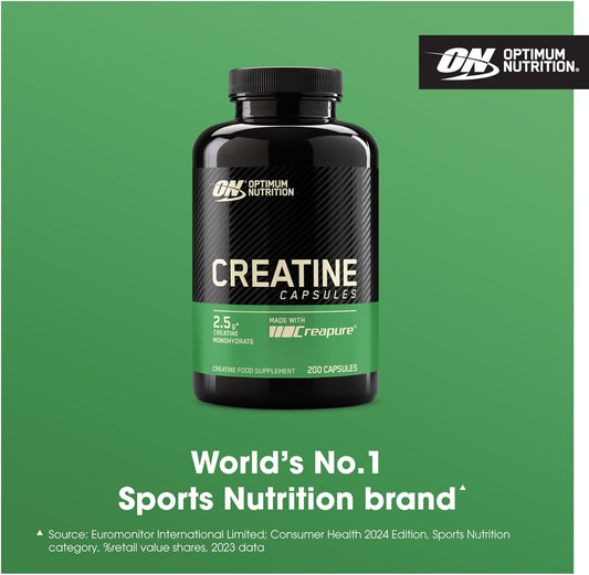 Optimum Nutrition Creatine Capsules With 2500 Mg Of Unflavoured Creatine Monohydrate Per Serving, Creatine Food Supplement To Support Performance, 100 Servings, 200 Capsules