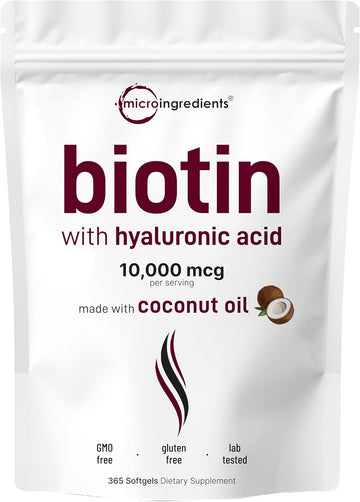Micro Ingredients Biotin 10,000Mcg W/Hyaluronic Acid 25Mg | 365 Virgin Coconut Oil Softgels, Fast Release, One Year Supply, Supports Healthy Hair, Skin & Nails, Non-Gmo & No Gluten