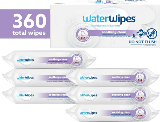 Waterwipes Soothing Clean Baby Wipes, 99% Water-Based Formula With Botanical Extract To Soothe & Protect Skin, Unscented & Hypoallergenic, 360 Count (6 Packs)