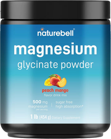 Magnesium Glycinate Powder For Sleep & Relaxation, 1Lb (16Oz) | 500Mg Chelated For High Absorption | Peach Mango Flavor | Muscle & Bone Support | Sugar-Free, Bitterless, Non-Gmo, Vegan