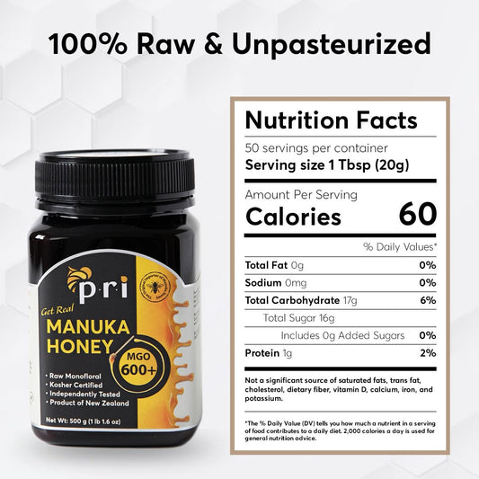 P.R.I Manuka Honey, Mgo 600+, 1.1Lb New Zealand Raw Monofloral Manuka Honey (500G)