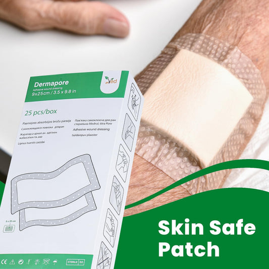 Ved Dermapore Adhesive Wound Dressing- Suitable For Cuts And Grazes, Diabetic Leg Ulcers, Venous Leg Ulcers, Small Pressure Sores- Medium, 9 X 25 Cm (Pack Of 25)