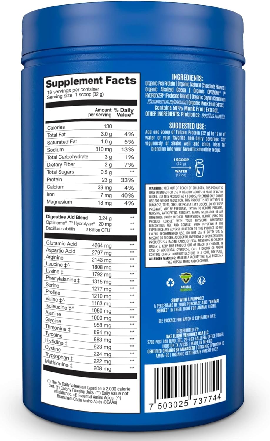 Birdman Falcon Vegan Protein Powder Organic, Stevia & Sugar Free, Plant Based Protein, Low Carb, Dairy Free, Keto, Non Whey Protein, Probiotic, Pea Protein | Chocolate Flavor - 37 Servings - 2.64Lb : Health & Household