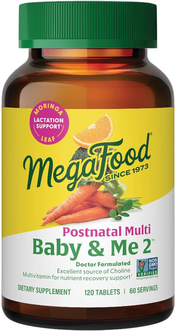 Megafood Baby & Me 2 Postnatal Vitamins For Breastfeeding Moms With Folate (Folic Acid Natural Form), Choline, Iodine, Vitamin D, Moringa Leaf And More - 120 Tabs (60 Servings)