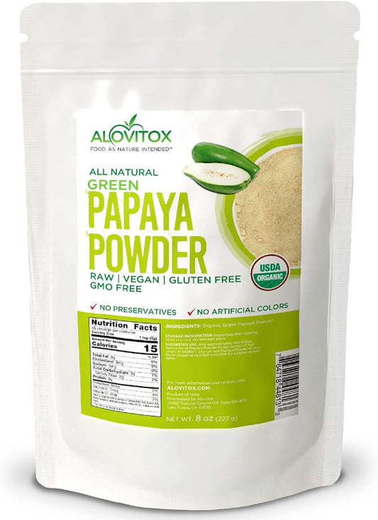 Alovitox Green Papaya Fruit Powder Antioxidant Papaya Enzyme For Immune Support, Healthy Digestion & Skin Health Organic Green Powder With Papaya Extracts For Smoothies & Shakes Vegan, Gluten Free-8Oz