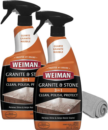Weiman Granite Cleaner Polish And Protect 3 In 1-2 Pack - Streak-Free, Ph Neutral Formula For Daily Use On Interior & Exterior Natural Stone With Microfiber Towel