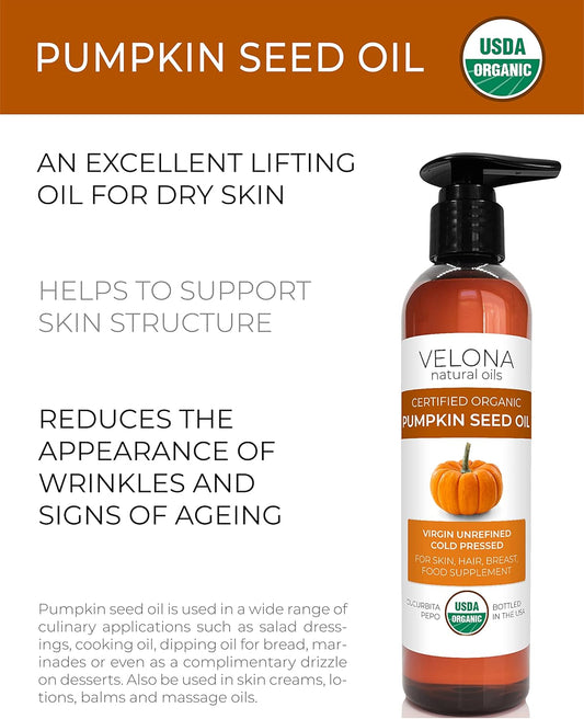 Velona Pumpkin Seed Oil Usda Certified Organic - 8 Oz | 100% Pure And Natural Carrier Oil | Unrefined, Cold Pressed