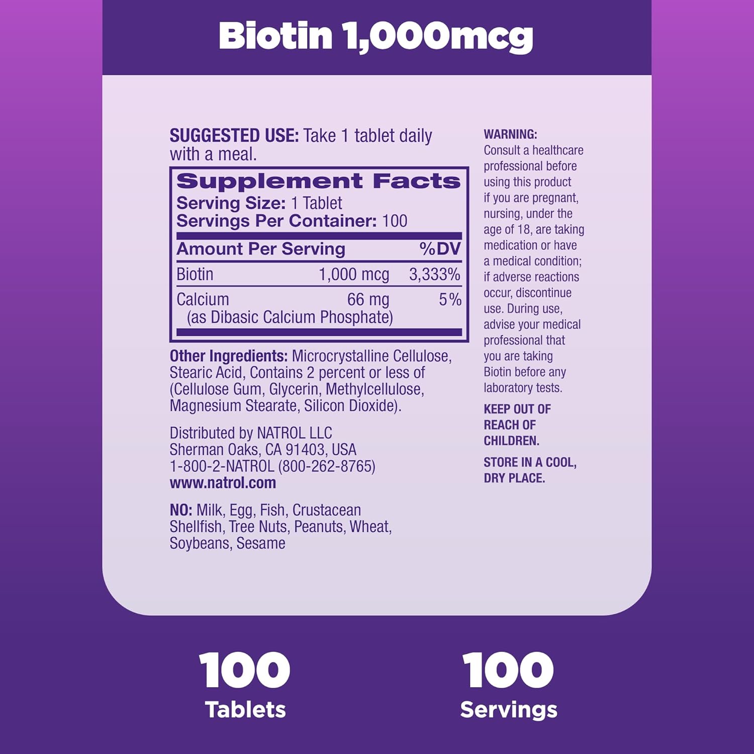 Natrol Beauty Biotin 1000mcg, Dietary Supplement for Healthy Hair, Skin, Nails and Energy Metabolism, 100 Tablets, 100 Day Supply : Health & Household