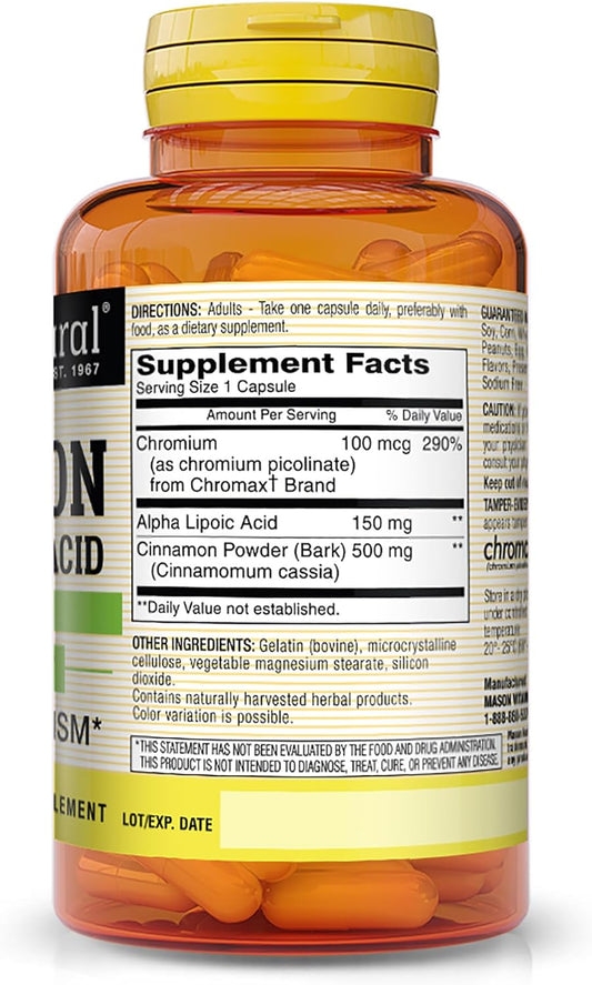 Mason Natural Cinnamon With Alpha Lipoic Acid - Healthy Sugar Metabolism, Supports Heart And Circulatory Health, 60 Capsules