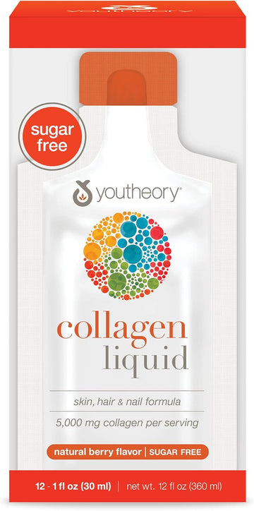 Youtheory Collagen Liq For Hair Skin And Nails With Collagen Peptides And Amino Acids, Gluten Free Drinkable Supplement, Berry Avor, 12 Single Serving Packets