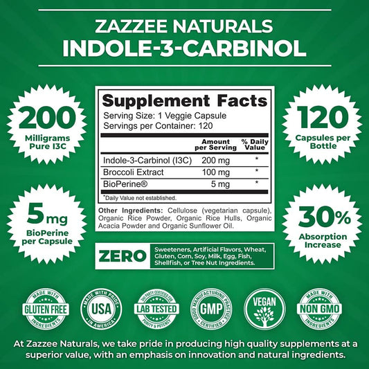 Zazzee High Absorption Indole-3-Carbinol (I3C), 200 Mg Per Capsule, 12