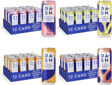 Dash Water - Pack Of 48: Lemon, Raspberry, Mango, Peach - No Sugar, Sweetener Or Calories - Infused With Wonky Fruit (330Ml Per Can)