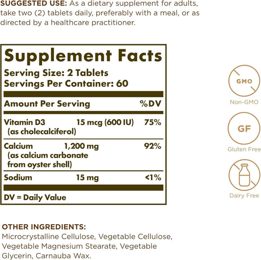 Solgar Calcium "600" - 120 Tablets, Pack Of 2 - From Oyster Shell With Vitamin D3 - Non-Gmo, Gluten Free, Dairy Free - 120 Total Servings
