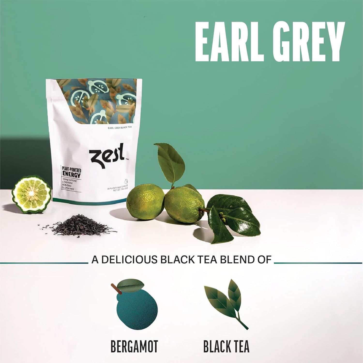 Zest 150Mg High Caffeine Energy Leaf Blend - Earl Grey Black Tea - 20 Pack Bag - Hot Or Iced - All Natural Strong Flavored Healthy Coffee Alternative Highly Caffeinated Substitute - Perfect For Keto
