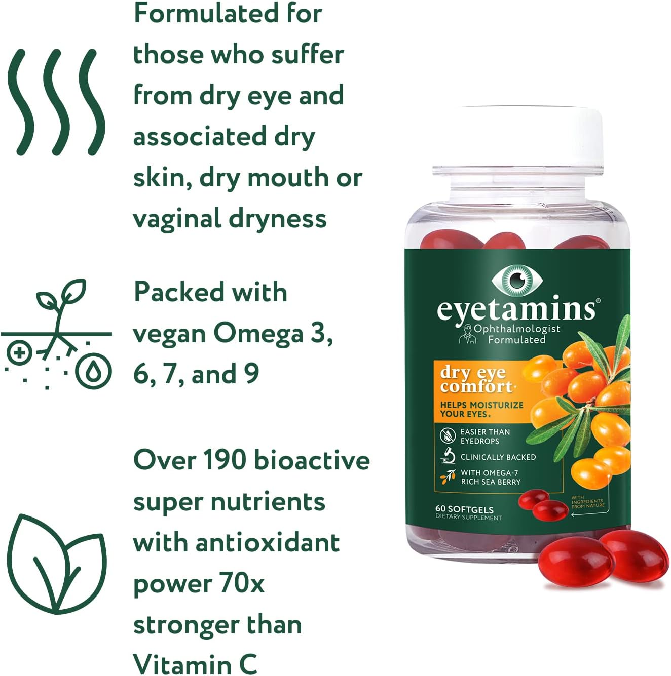 eyetamins Dry Eye Comfort - 60 Softgels - Ophthalmologist - Formulated, Natural - Himalayan Sea Buckthorn Oil - Vegan and Non-GMO Formula