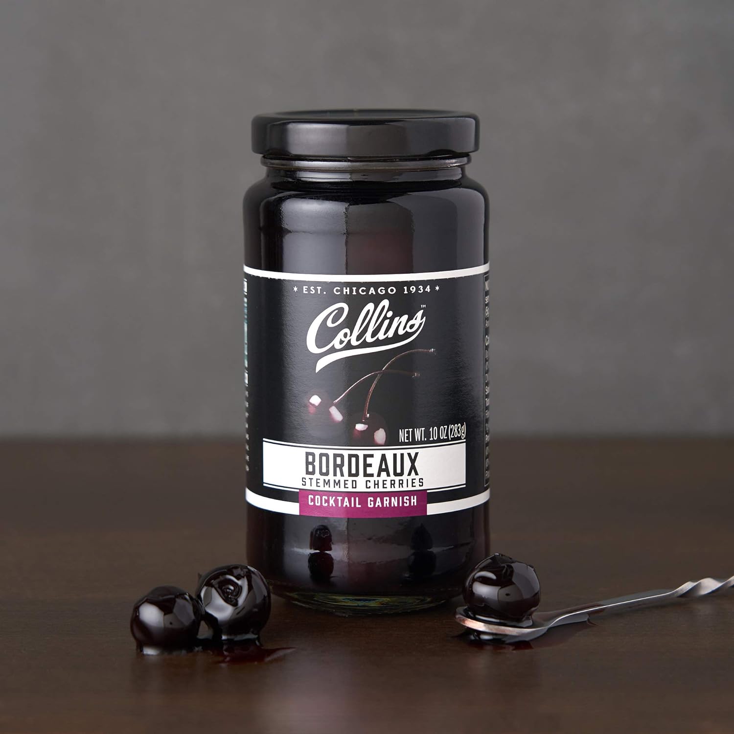 Collins Bordeaux Stemmed Cocktail Cherries - Premium, Dark Cherry Garnish for Cocktails, Manhattan, and Old Fashioned Mix, 10oz : Everything Else