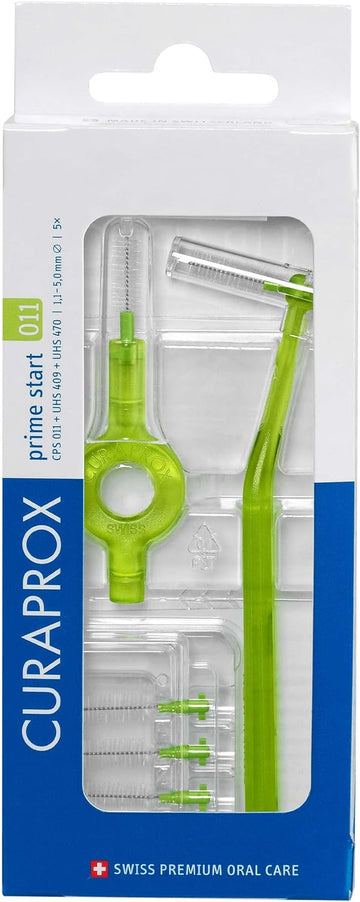 Curaprox Cps 011 Prime Start Interdental Brush Kit, Lime Green - 5 X 1,1Mm - 5,0Mm Interdental Brushes + 2 Interdental Toothbrush Holders