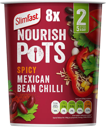 Slimfast Nourish Pot Spicy Mexican Bean Chilli, Ready Meal, Low In Sugar And Fat, Healthy Vegan Lunch, Source Of Protein, Instant Noodles Alternative, Multipack, 8 X 60 G