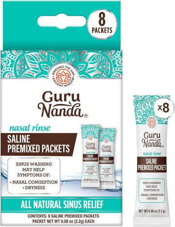 Gurunanda Premixed Saline Packets For Nasal Rinse (8 Count), All Natural Sinus Rinse Packets To Help With Allergies & Congestion Relief, 0.08Oz Each