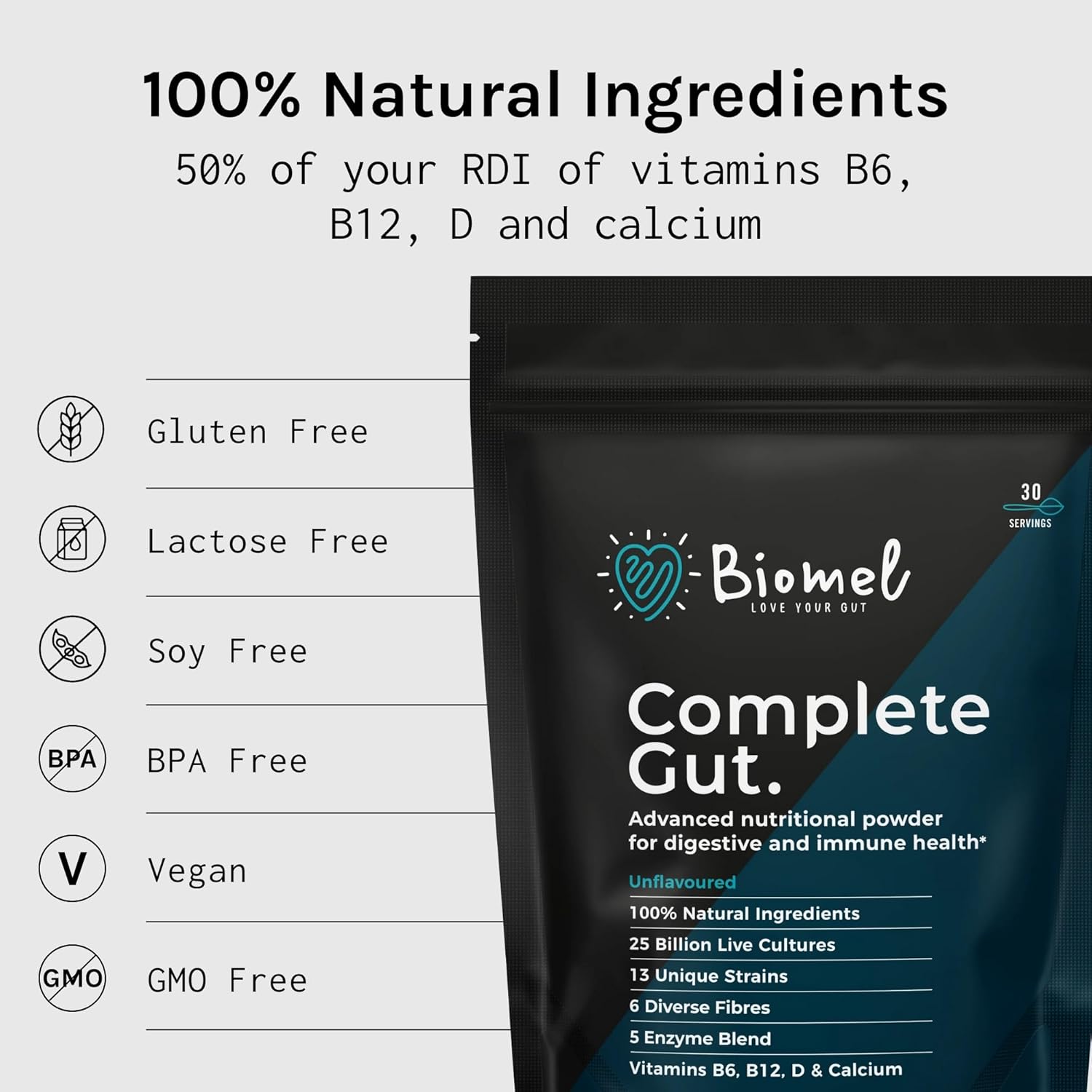 Biomel Complete Gut - Unflavoured - Advanced Gut Health - 150g/30 Servings - Vegan Friendly - Gluten Free - Delicious & Effective : Amazon.co.uk: Health & Personal Care