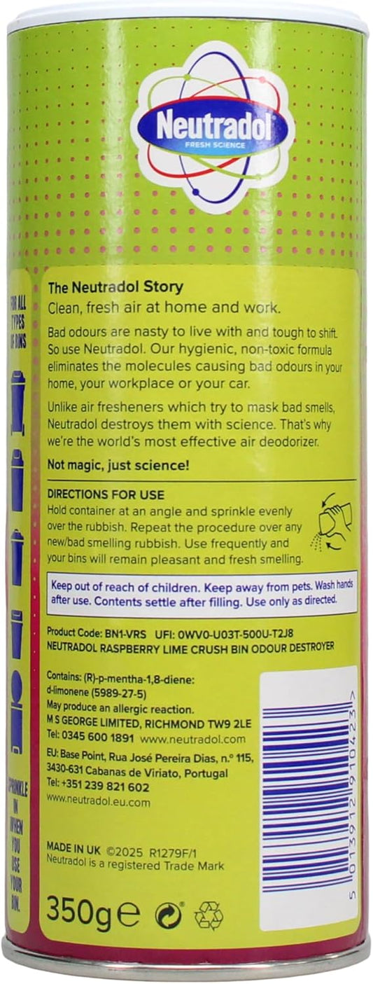 Neutradol Dustbin Odour Destroyer, Bin Freshener Deodorising Powder, Odour Eliminator For Indoor & Outdoor Bins, Raspberry Lime Crush, Multipack Of 6 X 350G
