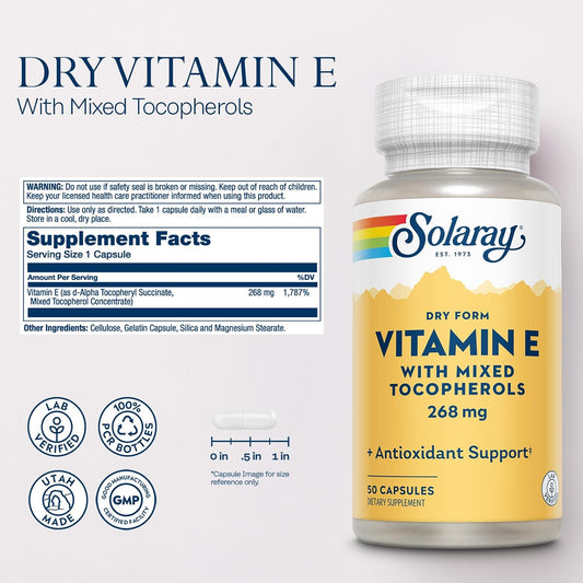 Solaray Vitamin E 400 Iu (268Mg), Dry Form With Mixed Tocopherols Vitamin E - Antioxidant Supplement, Pms And Menopause Support - 60-Day Guarantee, Lab Verified - 50 Servings, 50 Capsules
