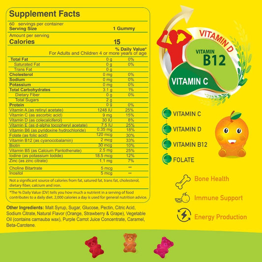 Alfa Vitamins Multivitamin Gummy Bears For Kids With 13 Essential Nutrients Including Vitamin C For Immune Support, Vitamin D3 For Bone-Teeth Health, And Vitamin B12-60 Count