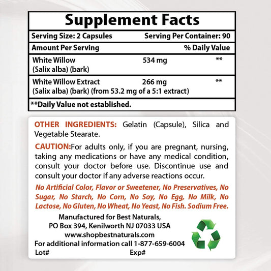 Best Naturals White Willow Bark 400 Mg 180 Capsules180 Count (Pack Of