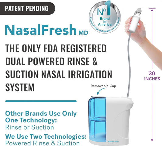 Nasalfresh Md - Dual Powered Nasal Irrigation System Nasal Rinse And Wash - Sinus Decongestant Relief System W/ 30 Saline Packets - Rechargeable - 1 Set Of Nose Pillows - Snoring Remedy