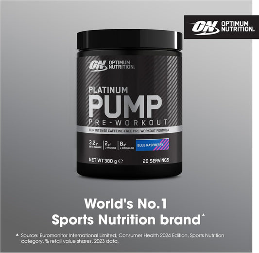 Optimum Nutrition On Platinum Pump Pre-Workout, Intense Caffeine-Free Pre-Workout Food Supplement With Fruitflow, Beta-Alanine, L-Arginine, L-Citrulline, Blue Raspberry Flavour, 20 Servings, 380 G