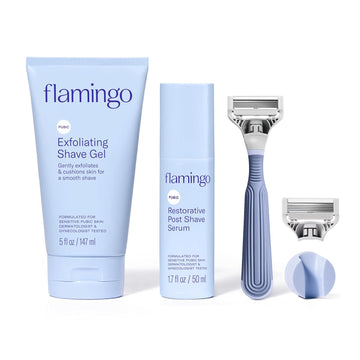 Flamingo Pubic Shaving Regimen - Pubic Razor - Exfoliating Shave Gel, 5 fl oz - Restorative Post Shave Serum, 1.7 fl oz