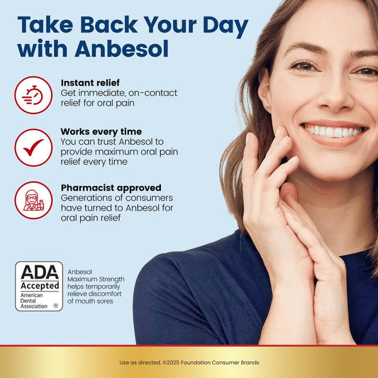 Anbesol Maximum Strength Liquid, Instant Oral Pain Relief For Toothaches, Mouth Sores*, Gum, Braces & Denture Pain, Ada Accepted, 0.41 Oz