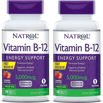 Natrol Vitamin B12 Fast Dissolve Tablets, Promotes Energy, Supports A Healthy Nervous System, Maximum Strength, Strawberry Flavor, 5,000Mcg, 100 Count (Pack Of 2)