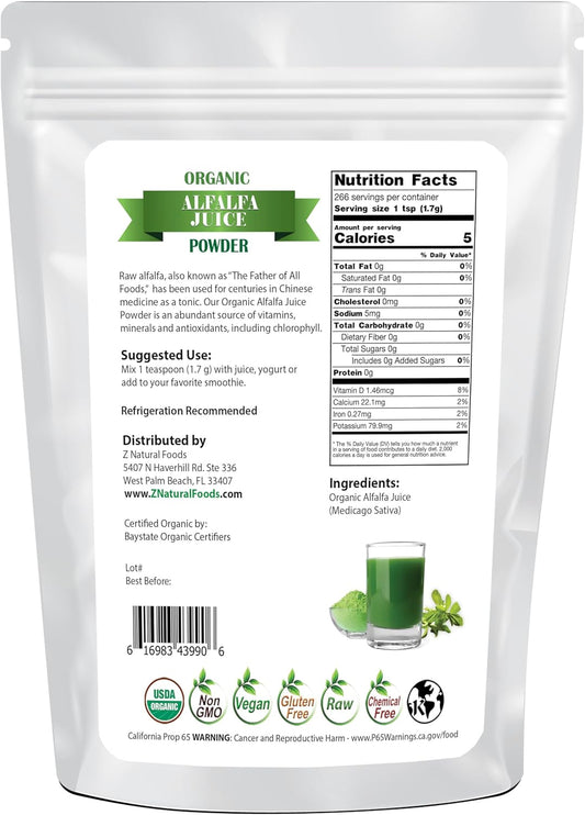 Z Natural Foods Organic Alfalfa Juice Powder, Green Grass Superfood Powder, Mix In Smoothies, Drinks, Recipes - Raw, All Natural, Non Gmo, Vegan, Gluten Free - 1 Lb