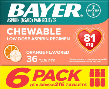 Bayer Low Dose Aspirin 81Mg Chewable Tablets, Orange Flavor – Pain Reliever, 36 Count