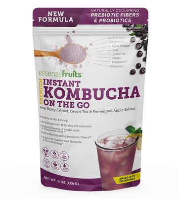 Essenzefruits Acai Kombucha Tea Powder Mix Beverage – Sugar Free, Fermented & Dried - Just Add Water! Live Probiotics & Prebiotic Blend, Vitamin C - Makes Up To 30 Cups (8 Oz, 226G)