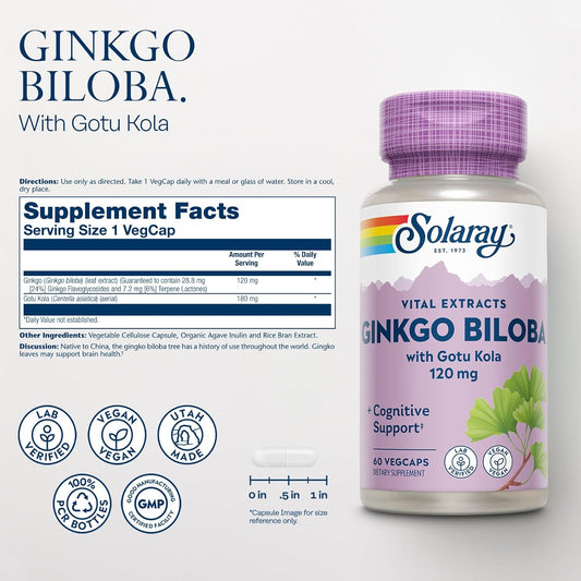 Solaray Ginkgo Biloba Extract With Gotu Kola - Ginko Biloba Capsules For Brain Health Support - Vegan, Lab Verified, 60-Day Guarantee - 60 Servings, 60 Vegcaps