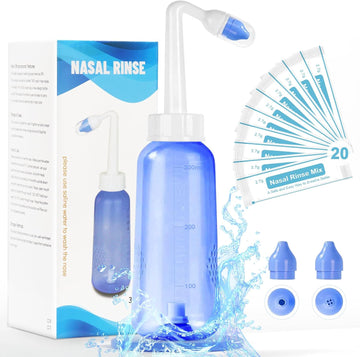 Neti Pot Sinus Rinse Bottle - Gentle Nasal Wash Bottle Nose Cleaner For Effective Pressure Irrigatio 300 Ml With 20 Nasal Wash Salt Packets