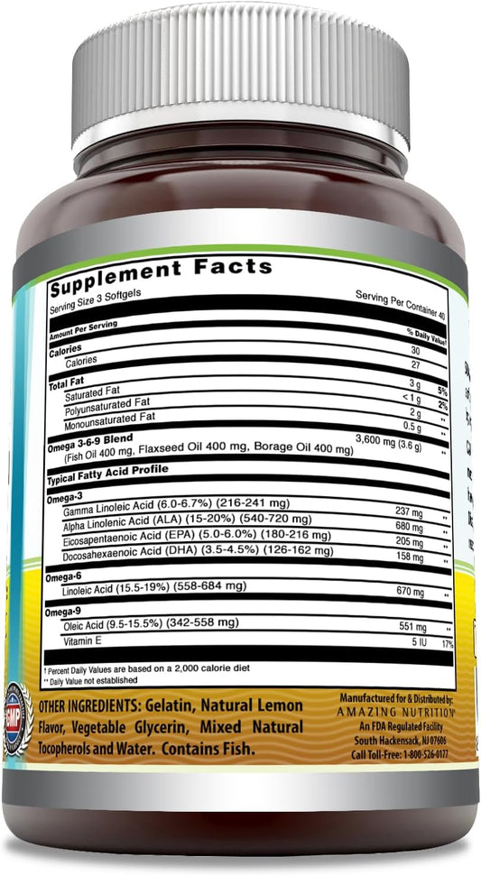 Amazing Omega 3.6.9 Supplement | 1200 Mg Per Serving | 120 Softgels | Lemon Flavor | Non-Gmo | Gluten-Free | Made In Usa