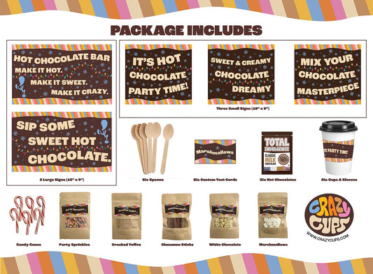 Crazy Cups Deluxe Hot Cocoa Bar Supplies Kit, Includes Hot Cocoa Bar Signs, Marshmallows, Candy Canes, Cinnamon Sticks, Sprinkles, Hot Cups With Sleeves, Hot Chocolate, Table Tents, Spoons, 6 Servings